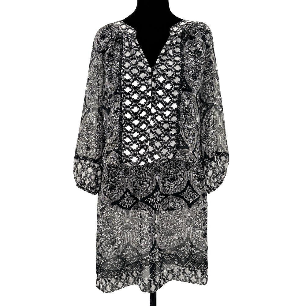 Cache‎ Dress Small Black White Floral Geometric Paisley Tunic Coverup Sheer